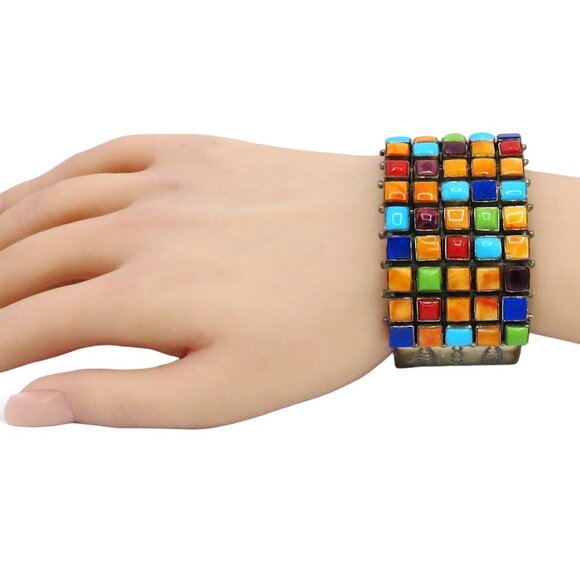 Vintage Sterling Silver Navajo Roie Jaque Multi Gemstone Mosaic Cuff Bracelet - Picture 2 of 8